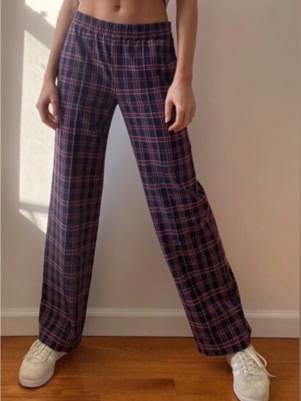 Sunday Best Navy and Pink Plaid Wide-Leg Pants